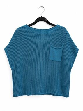 LILLUSORY Cotton Knit Sweater Top XL Blue Short Sleeve Pocket